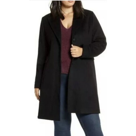 Halogen Size 16W Black Long Wool Blend Single Breasted Button Up Coat 38 Inch - Picture 1 of 11